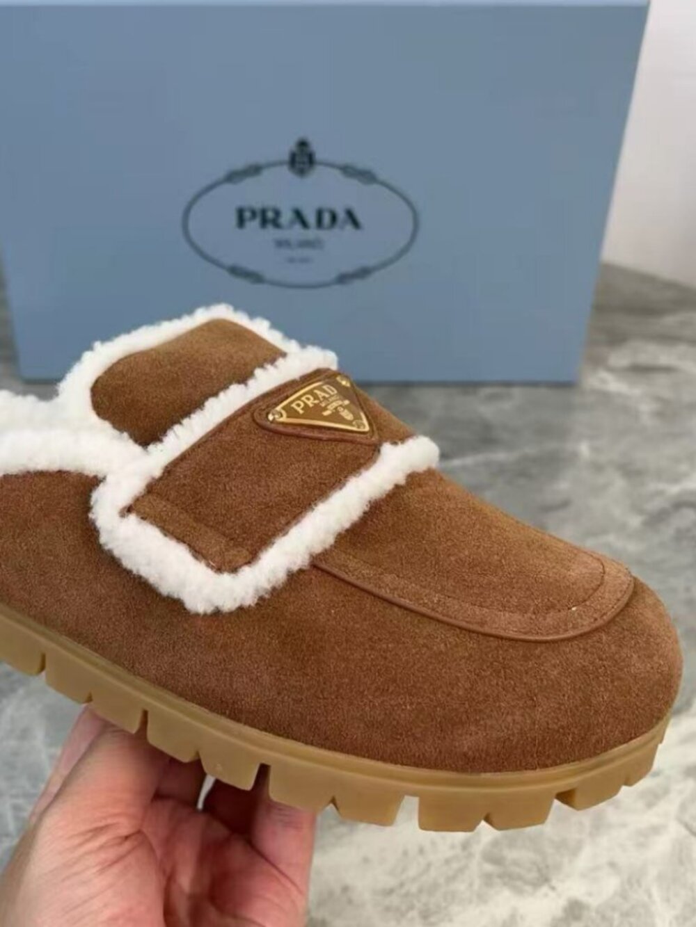 Fashion Prada Triangle Plate Warm Winter Mule Slides - Picture 5 of 8